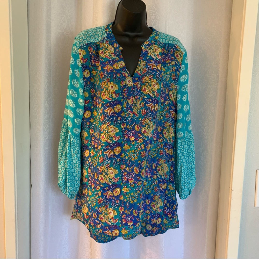 TOLANI Silk Teal and Blue Floral Tunic Sz: M
